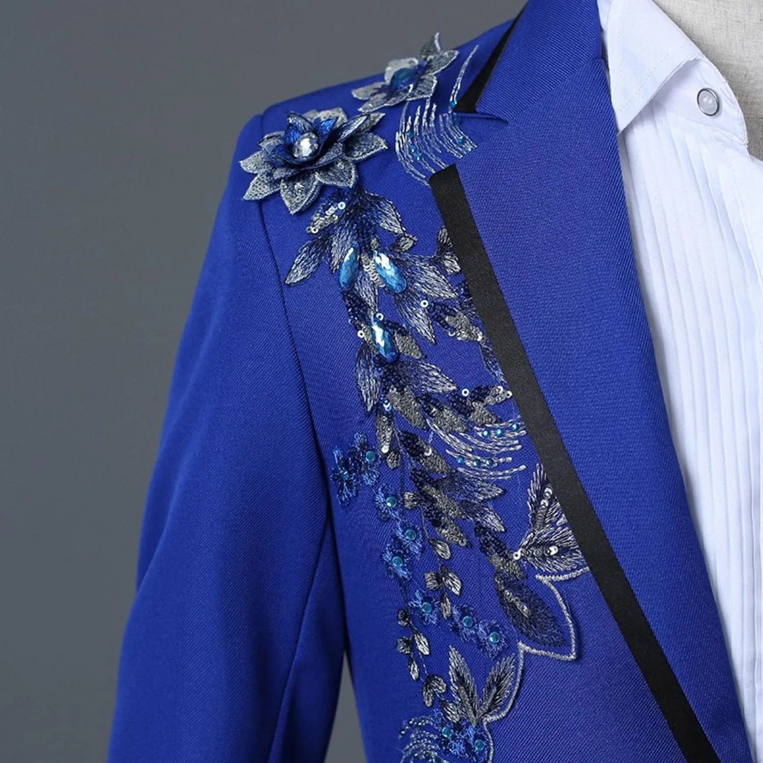 Men's Embroidered Blazer Collar Formal Suit 1 Button Fashion Tuxedo Suits Slim Fit Print Suit Jacket and Pants Set