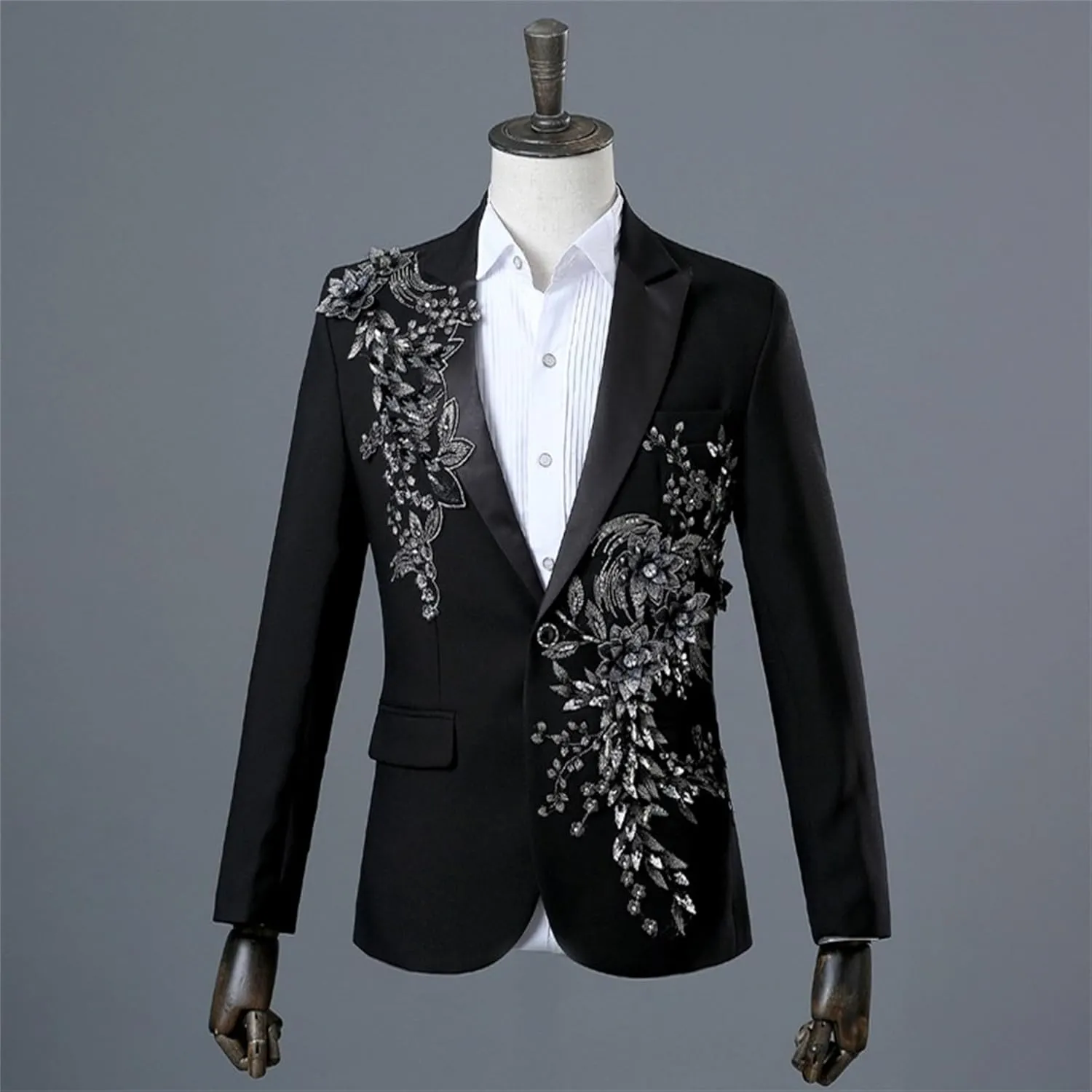 Men's Embroidered Blazer Collar Formal Suit 1 Button Fashion Tuxedo Suits Slim Fit Print Suit Jacket and Pants Set