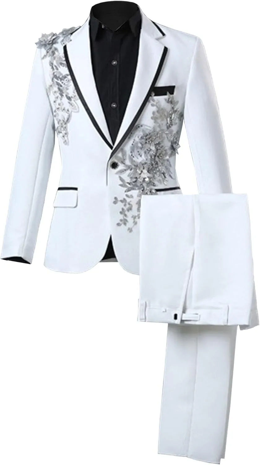 Men's Embroidered Blazer Collar Formal Suit 1 Button Fashion Tuxedo Suits Slim Fit Print Suit Jacket and Pants Set