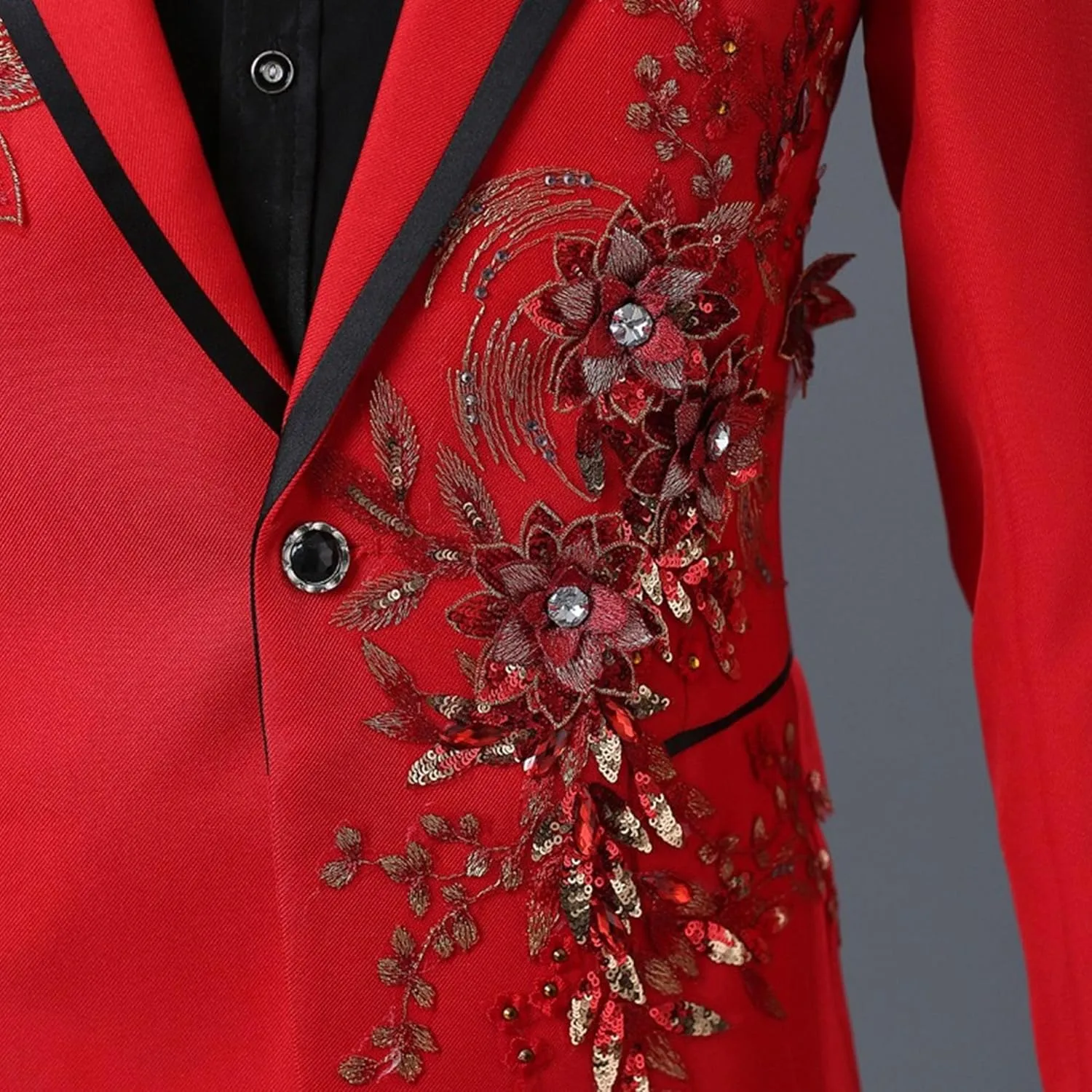 Men's Embroidered Blazer Collar Formal Suit 1 Button Fashion Tuxedo Suits Slim Fit Print Suit Jacket and Pants Set