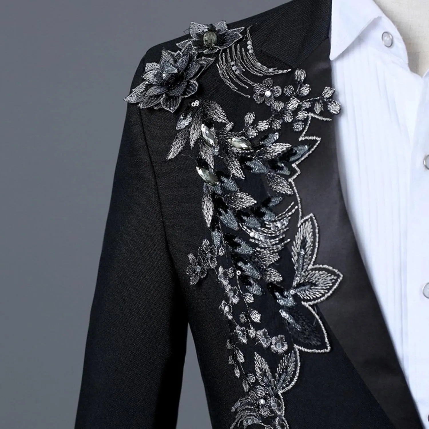 Men's Embroidered Blazer Collar Formal Suit 1 Button Fashion Tuxedo Suits Slim Fit Print Suit Jacket and Pants Set