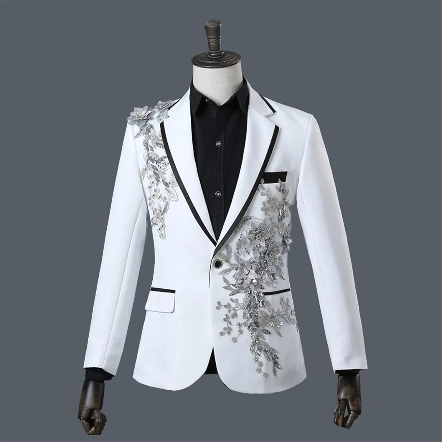 Men's Embroidered Blazer Collar Formal Suit 1 Button Fashion Tuxedo Suits Slim Fit Print Suit Jacket and Pants Set