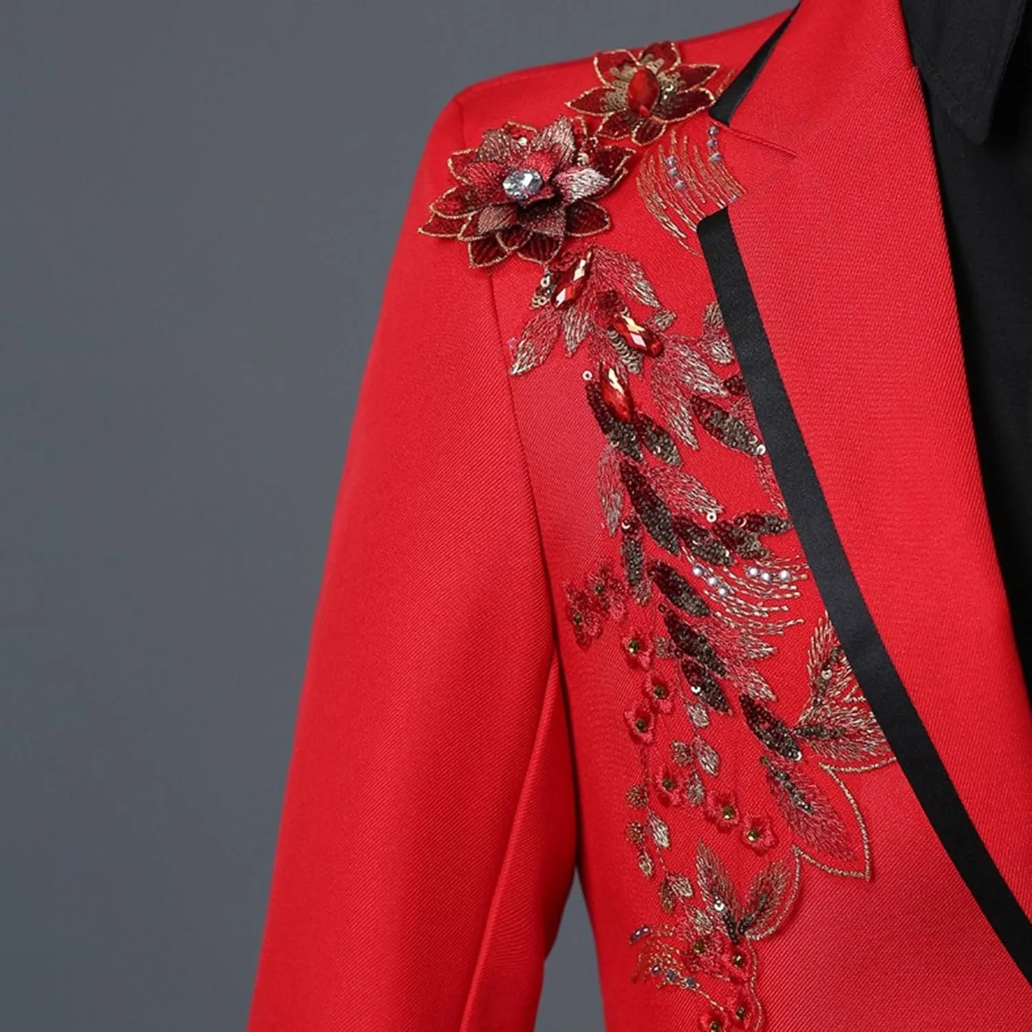 Men's Embroidered Blazer Collar Formal Suit 1 Button Fashion Tuxedo Suits Slim Fit Print Suit Jacket and Pants Set