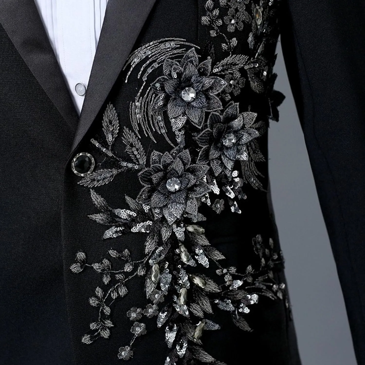 Men's Embroidered Blazer Collar Formal Suit 1 Button Fashion Tuxedo Suits Slim Fit Print Suit Jacket and Pants Set