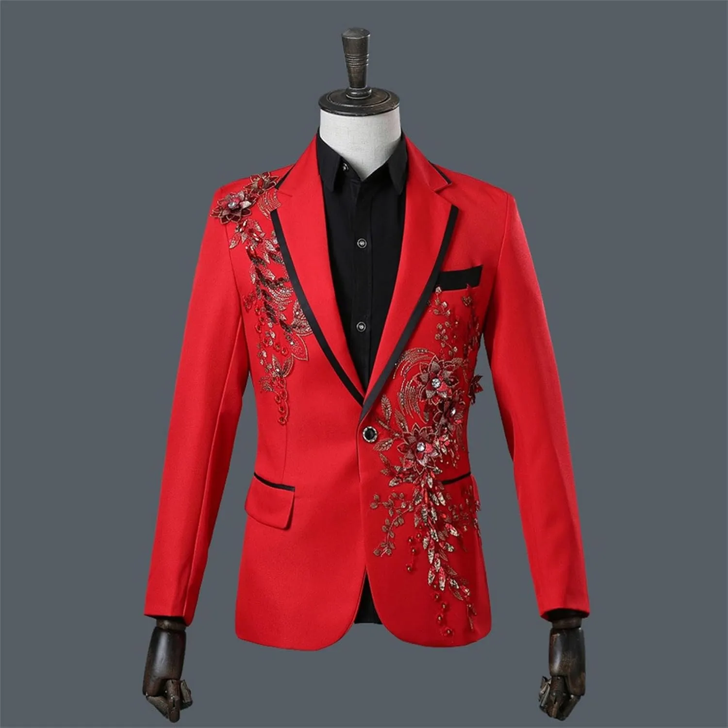 Men's Embroidered Blazer Collar Formal Suit 1 Button Fashion Tuxedo Suits Slim Fit Print Suit Jacket and Pants Set