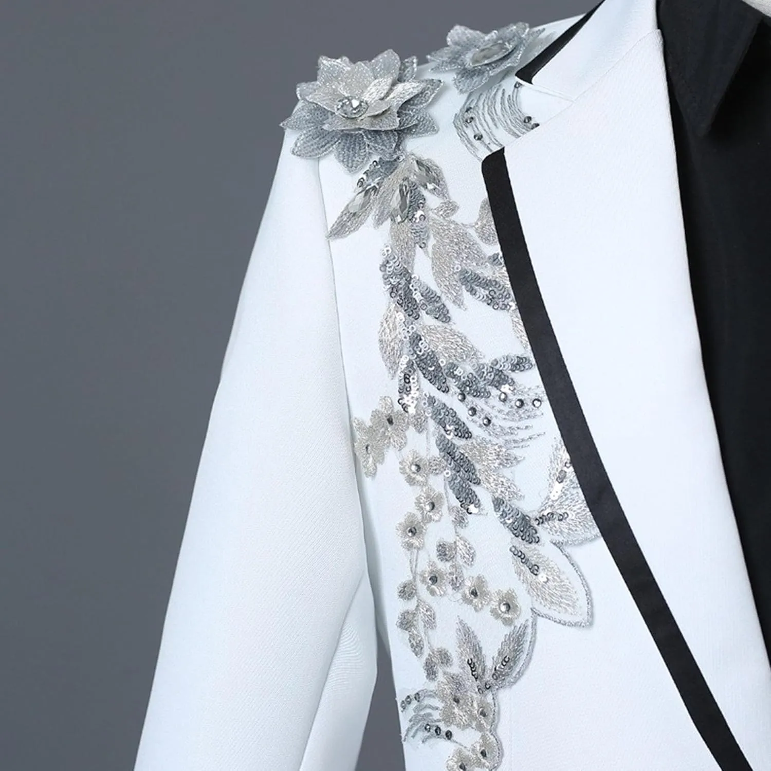 Men's Embroidered Blazer Collar Formal Suit 1 Button Fashion Tuxedo Suits Slim Fit Print Suit Jacket and Pants Set