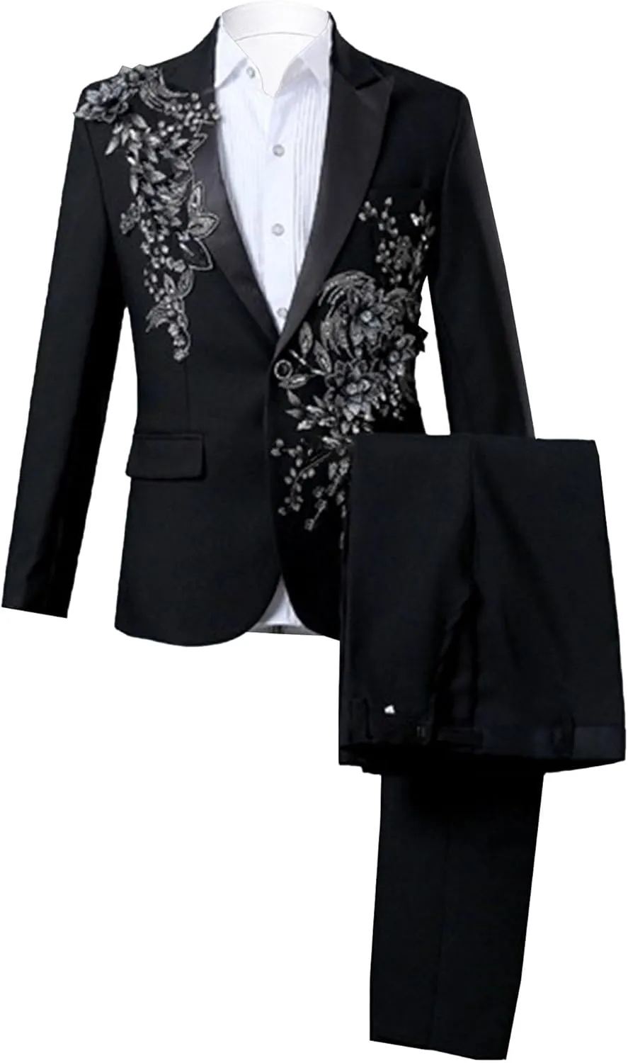 Men's Embroidered Blazer Collar Formal Suit 1 Button Fashion Tuxedo Suits Slim Fit Print Suit Jacket and Pants Set