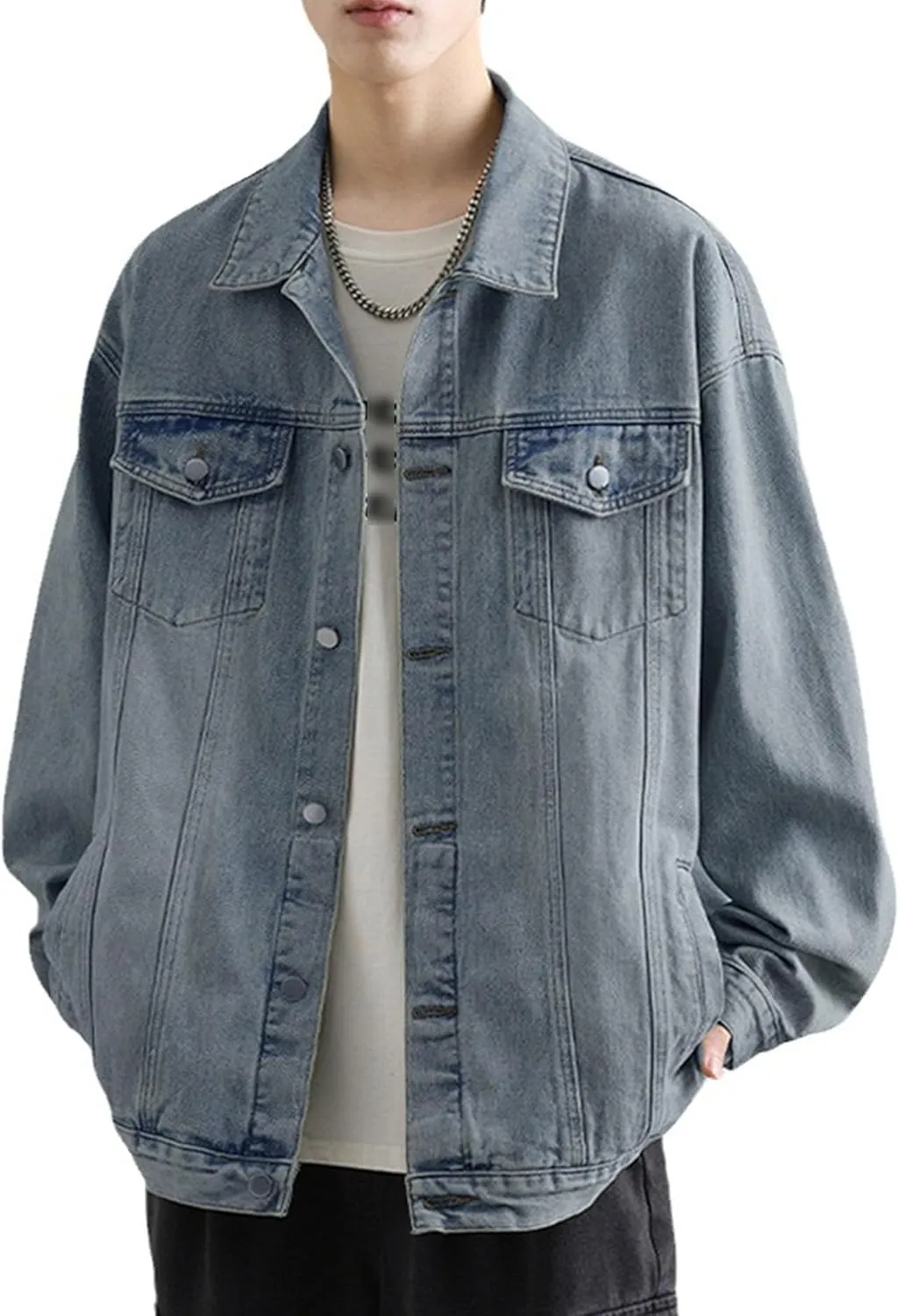 Men's Loose Denim Jacket Washed Distressed Denim Coat Casual Lapel Washed Button Down Trucker Jacket