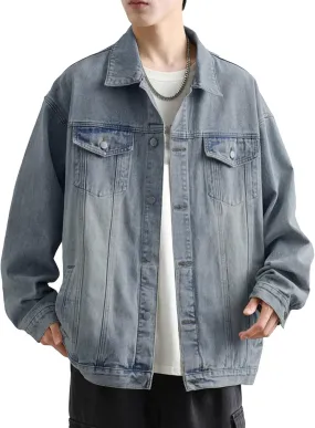 Men's Loose Denim Jacket Washed Distressed Denim Coat Casual Lapel Washed Button Down Trucker Jacket