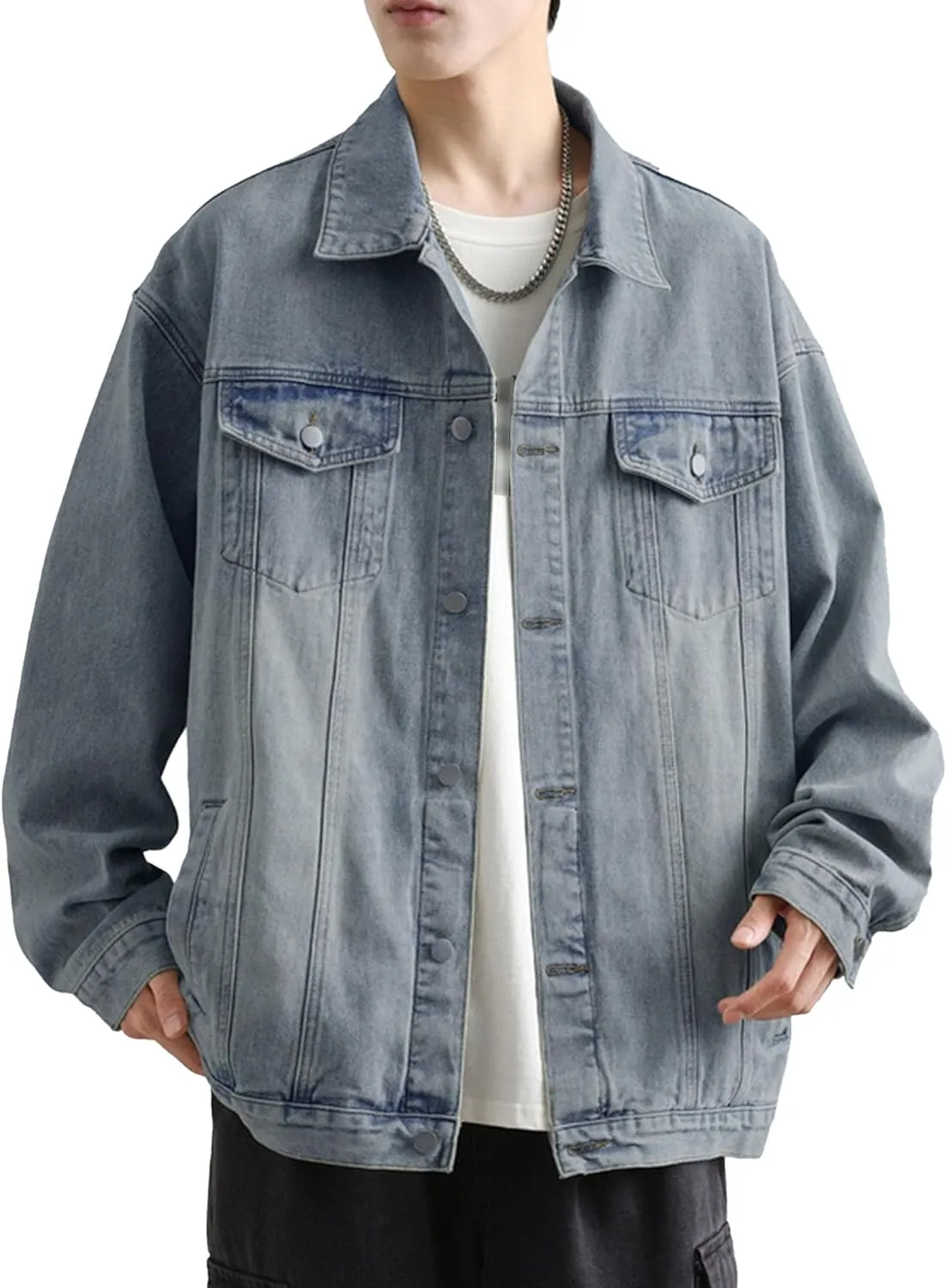 Men's Loose Denim Jacket Washed Distressed Denim Coat Casual Lapel Washed Button Down Trucker Jacket