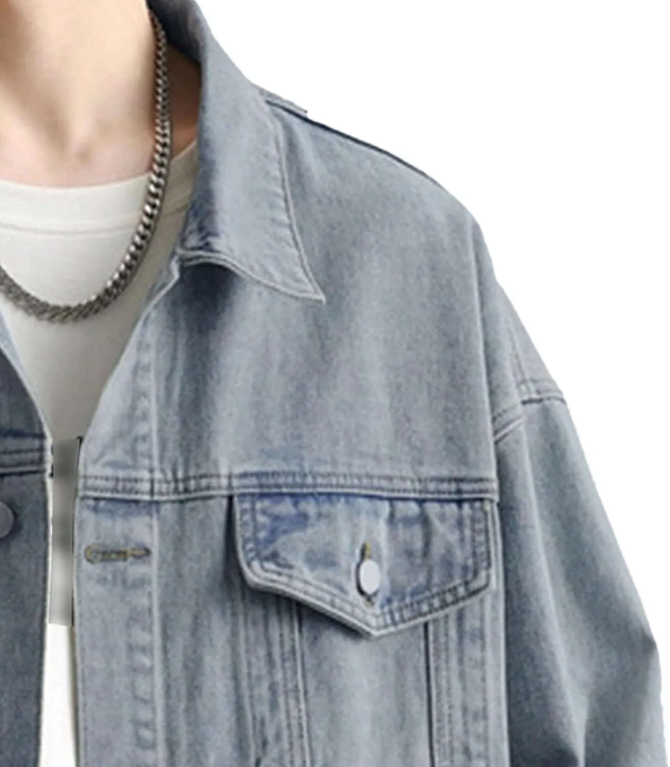 Men's Loose Denim Jacket Washed Distressed Denim Coat Casual Lapel Washed Button Down Trucker Jacket