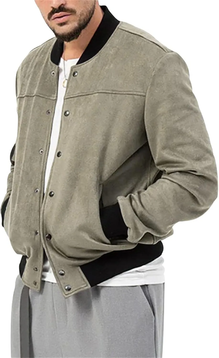 Mens Suede Jacket Vintage Leather Baseball Bomber Jacket Long Sleeve Button Lightweight Cardigan Jacket for Men