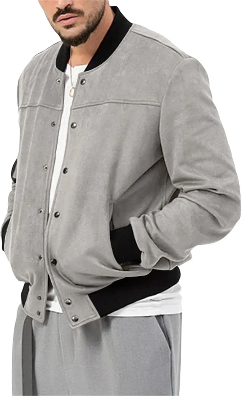 Mens Suede Jacket Vintage Leather Baseball Bomber Jacket Long Sleeve Button Lightweight Cardigan Jacket for Men