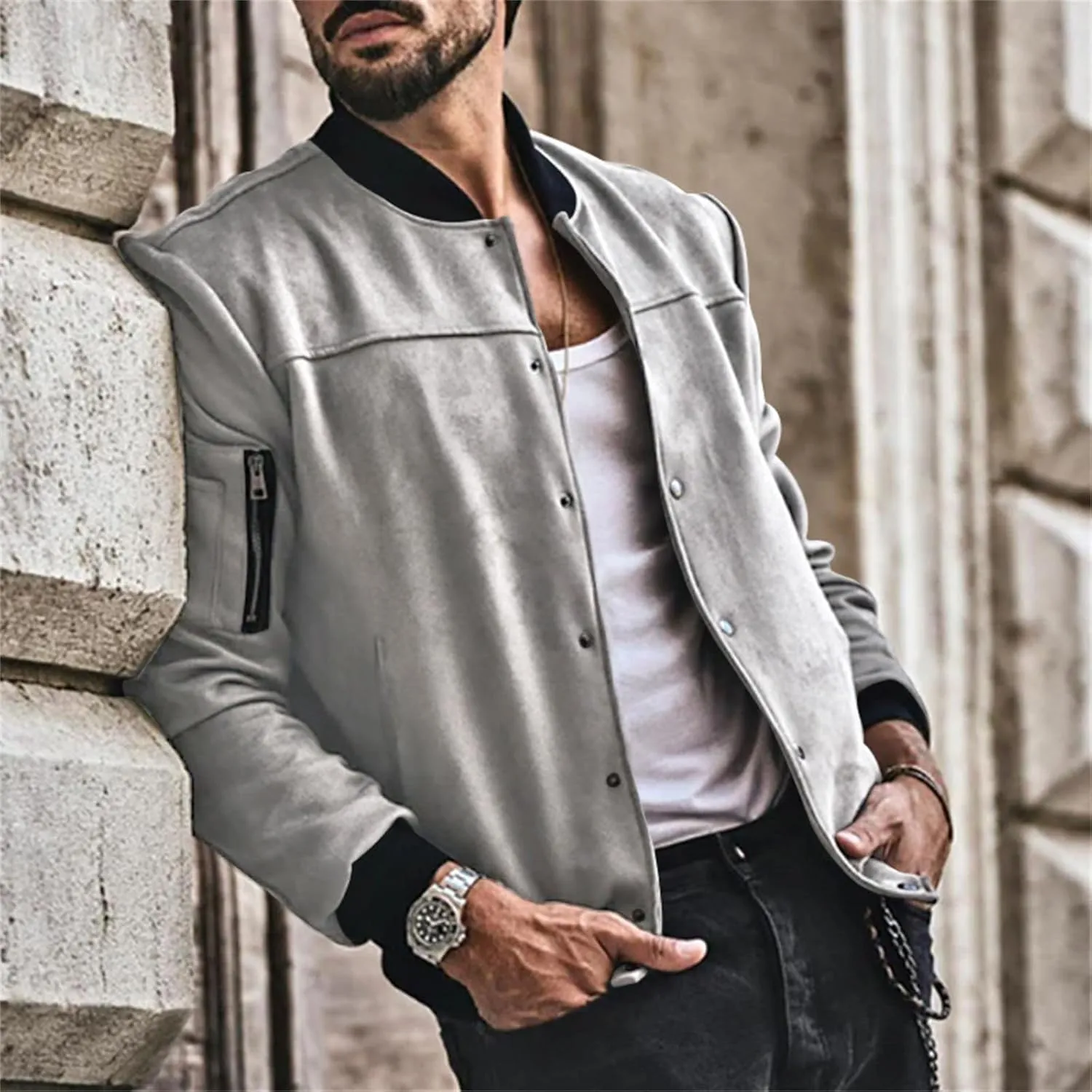 Mens Suede Jacket Vintage Leather Baseball Bomber Jacket Long Sleeve Button Lightweight Cardigan Jacket for Men