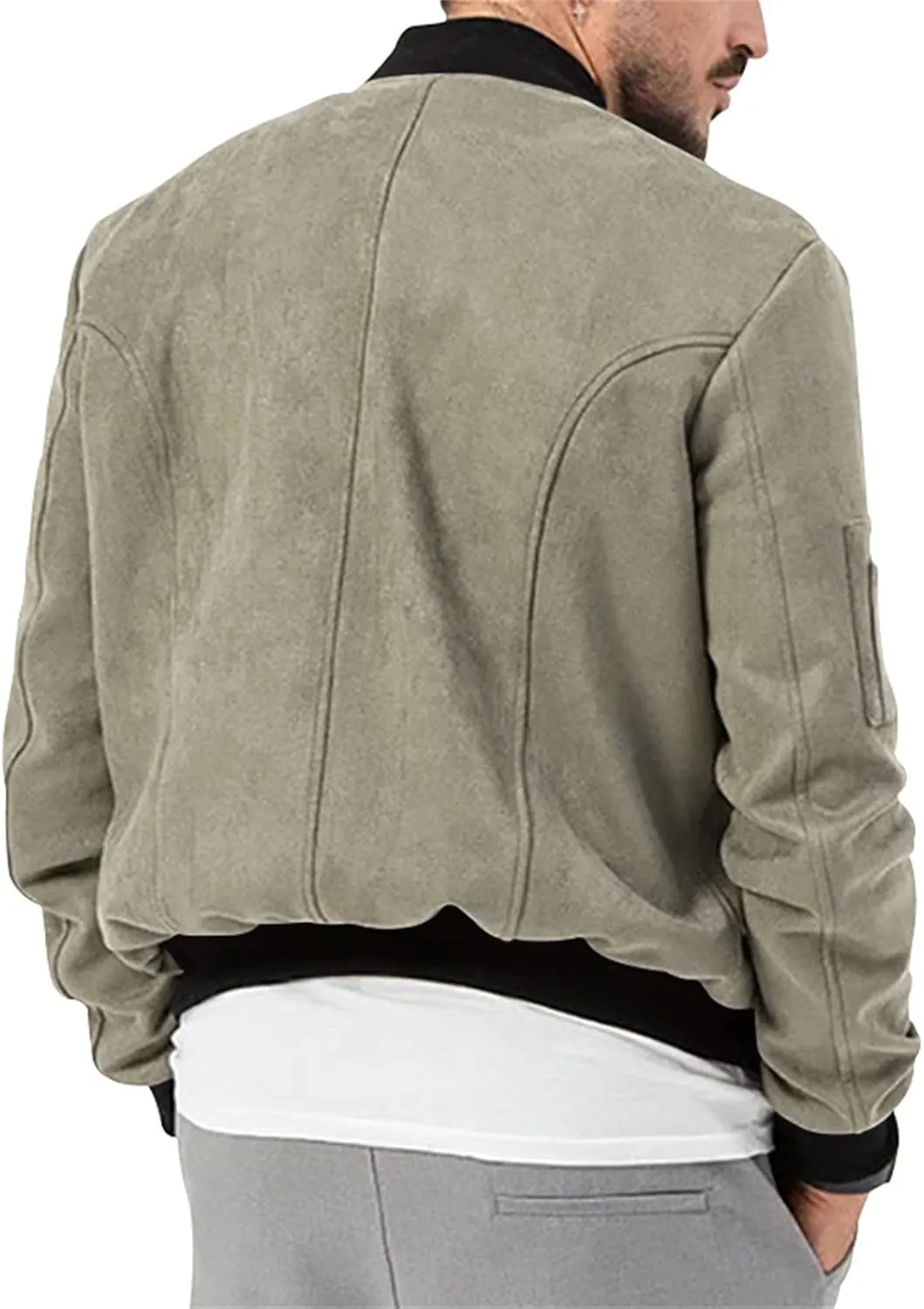 Mens Suede Jacket Vintage Leather Baseball Bomber Jacket Long Sleeve Button Lightweight Cardigan Jacket for Men