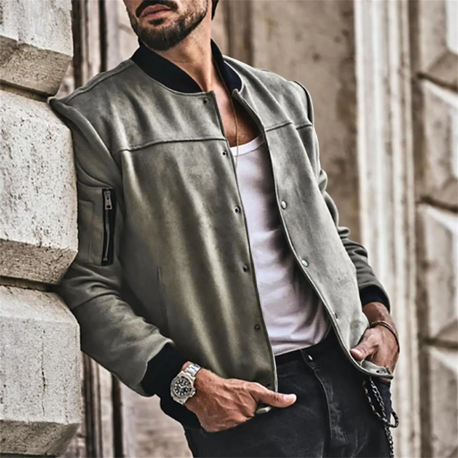 Mens Suede Jacket Vintage Leather Baseball Bomber Jacket Long Sleeve Button Lightweight Cardigan Jacket for Men