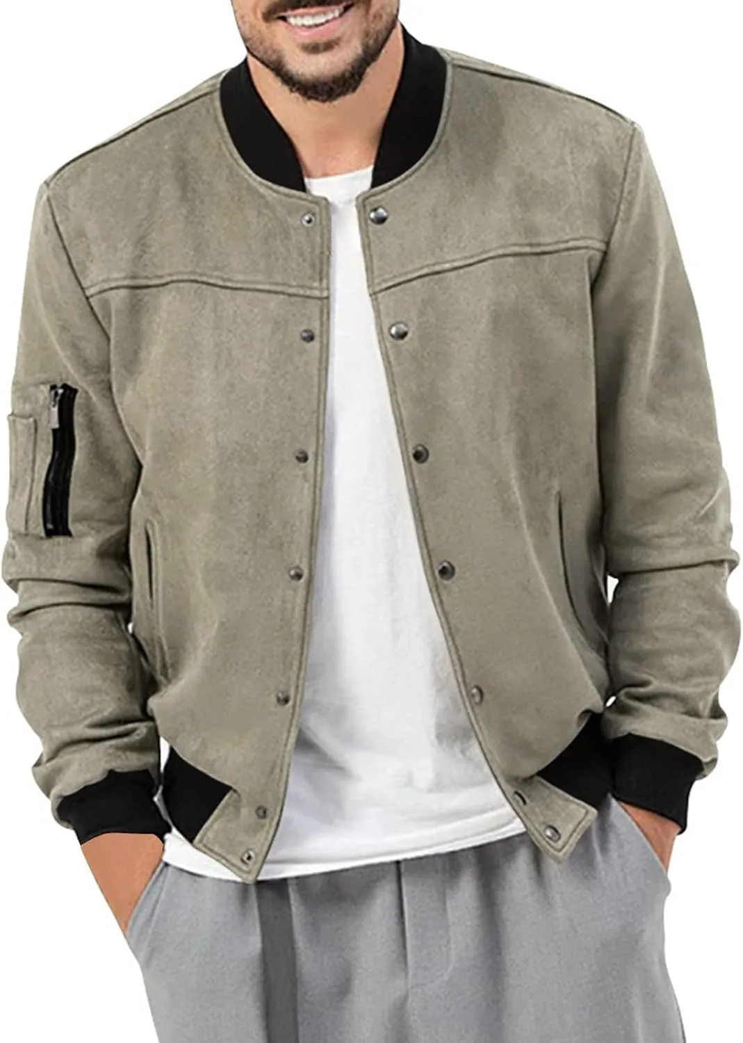 Mens Suede Jacket Vintage Leather Baseball Bomber Jacket Long Sleeve Button Lightweight Cardigan Jacket for Men