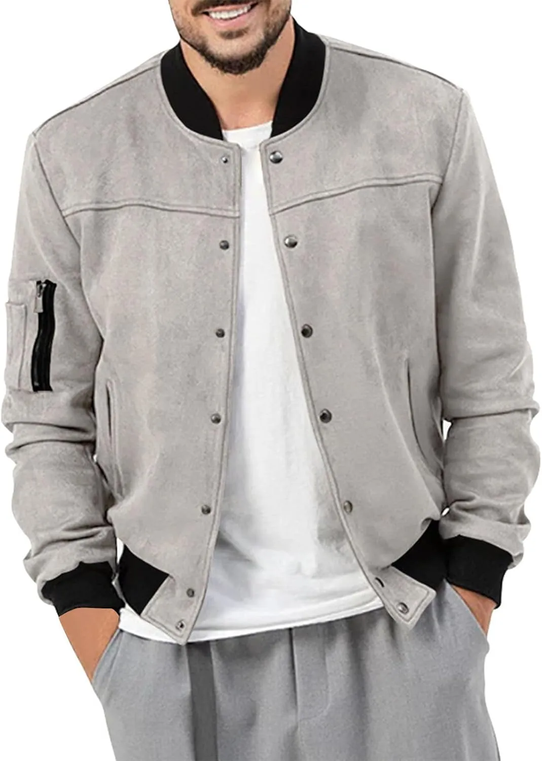Mens Suede Jacket Vintage Leather Baseball Bomber Jacket Long Sleeve Button Lightweight Cardigan Jacket for Men
