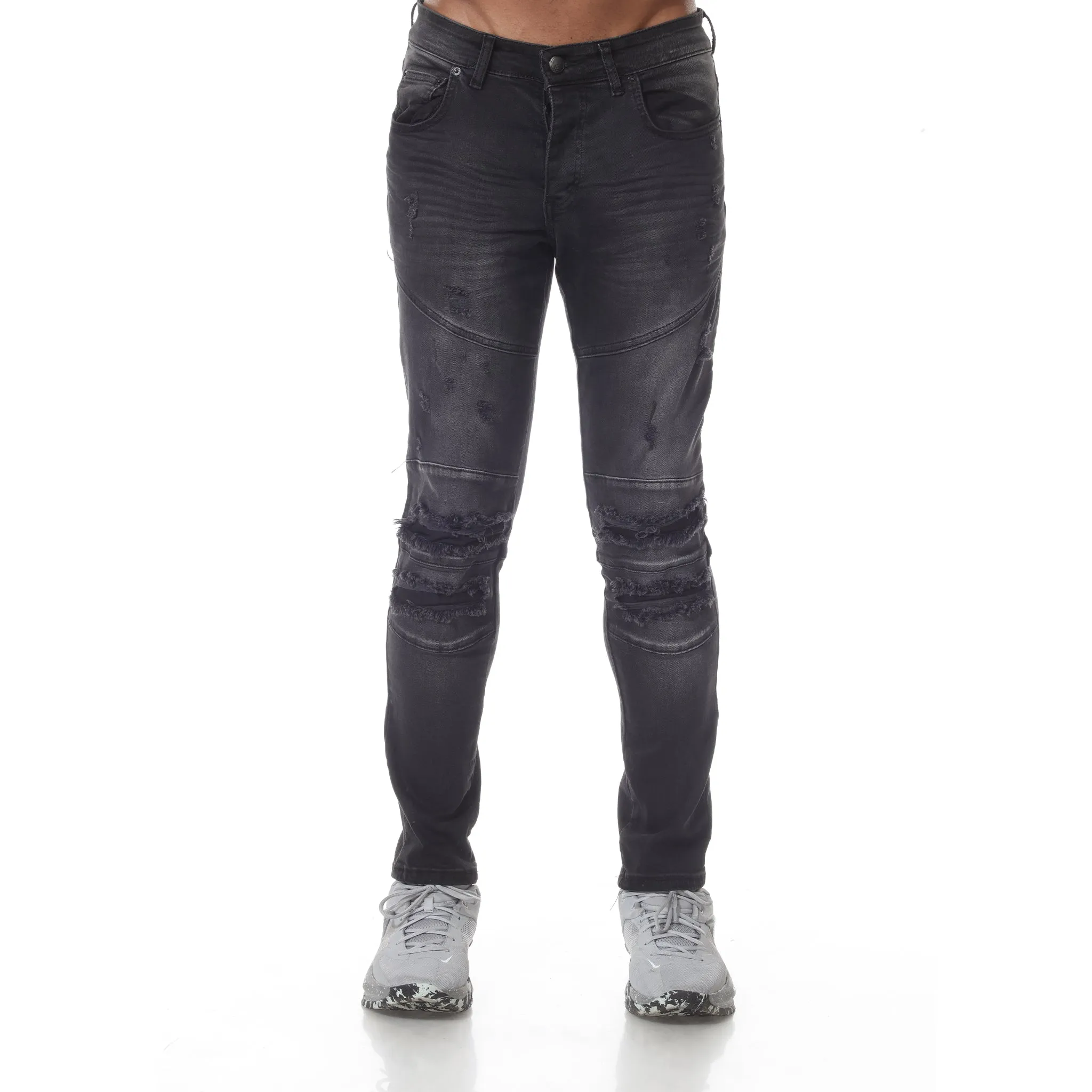 Moto Fashion Black Washed Fashion Jeans With Distress and Cut on Knees