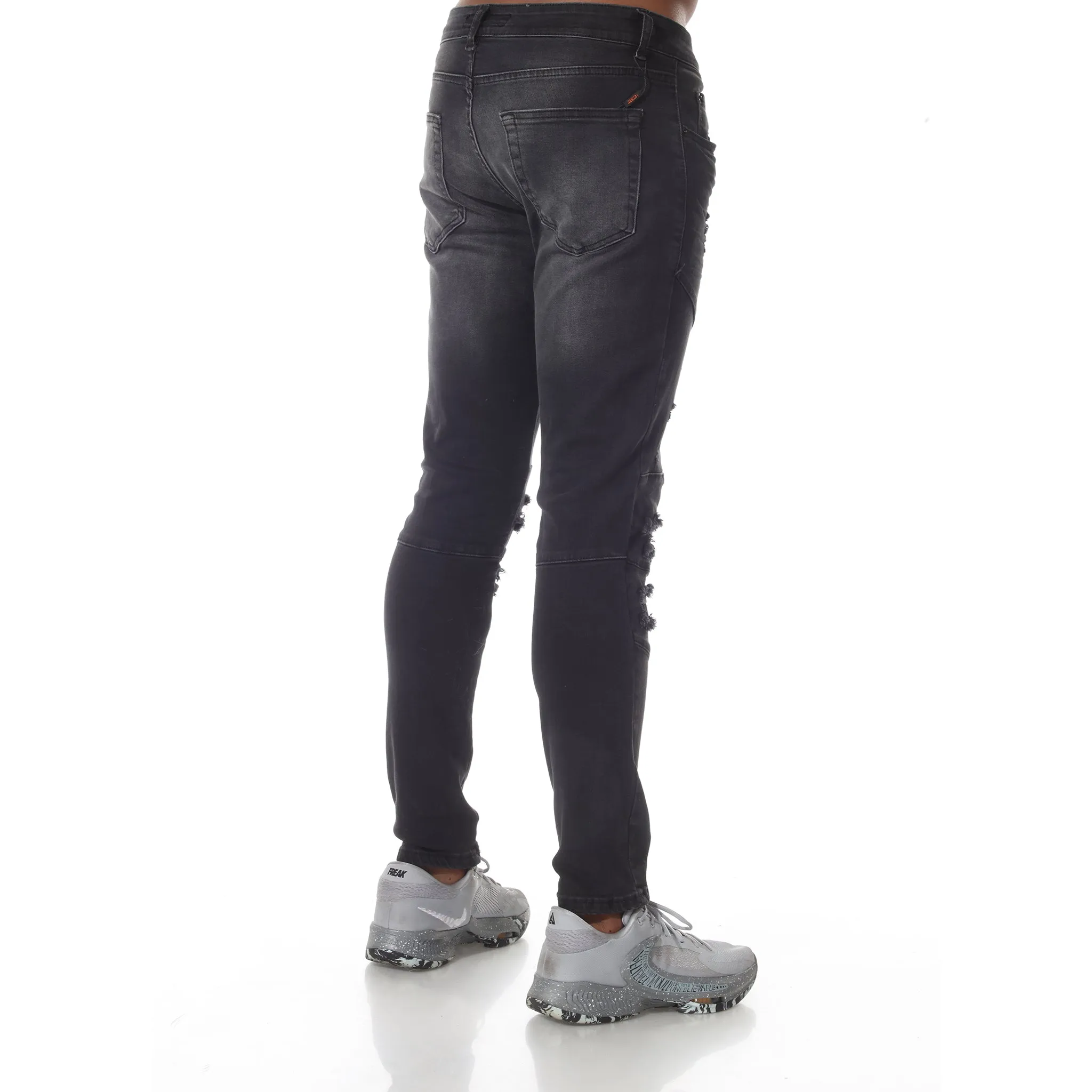 Moto Fashion Black Washed Fashion Jeans With Distress and Cut on Knees