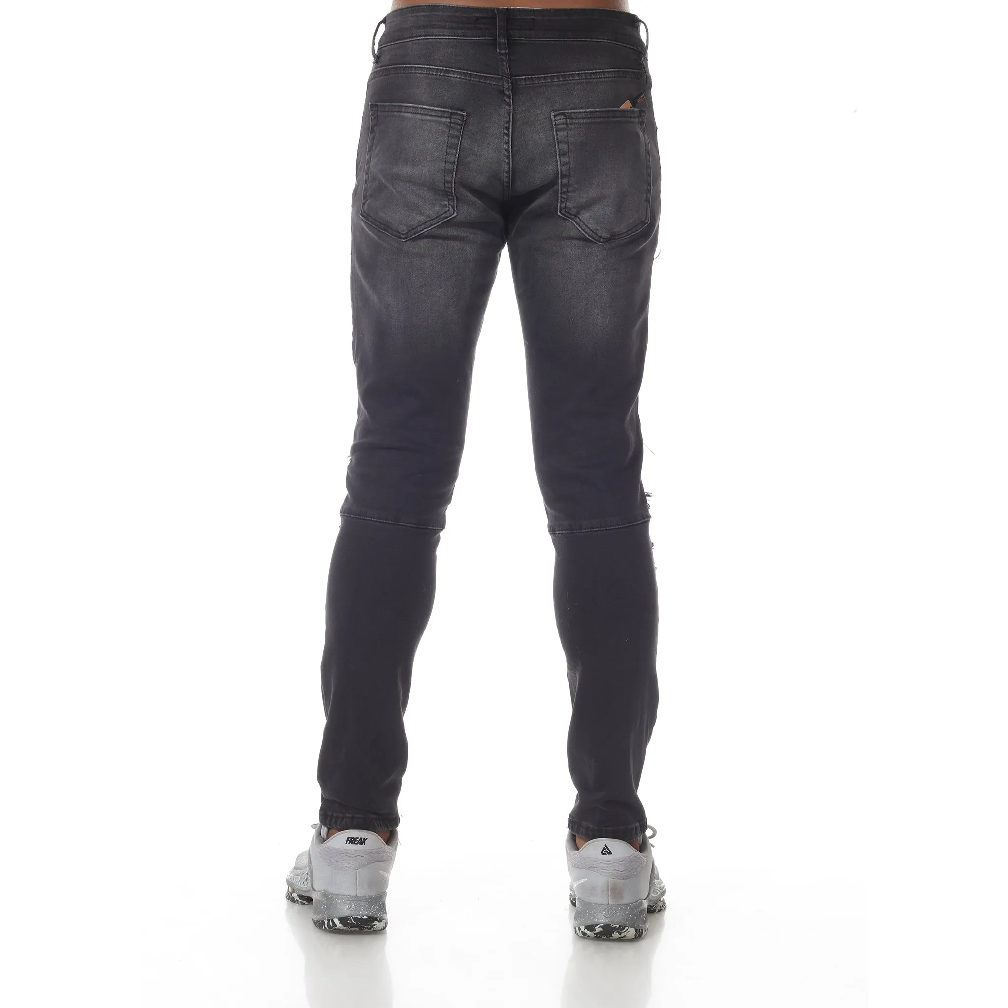 Moto Fashion Black Washed Fashion Jeans With Distress and Cut on Knees