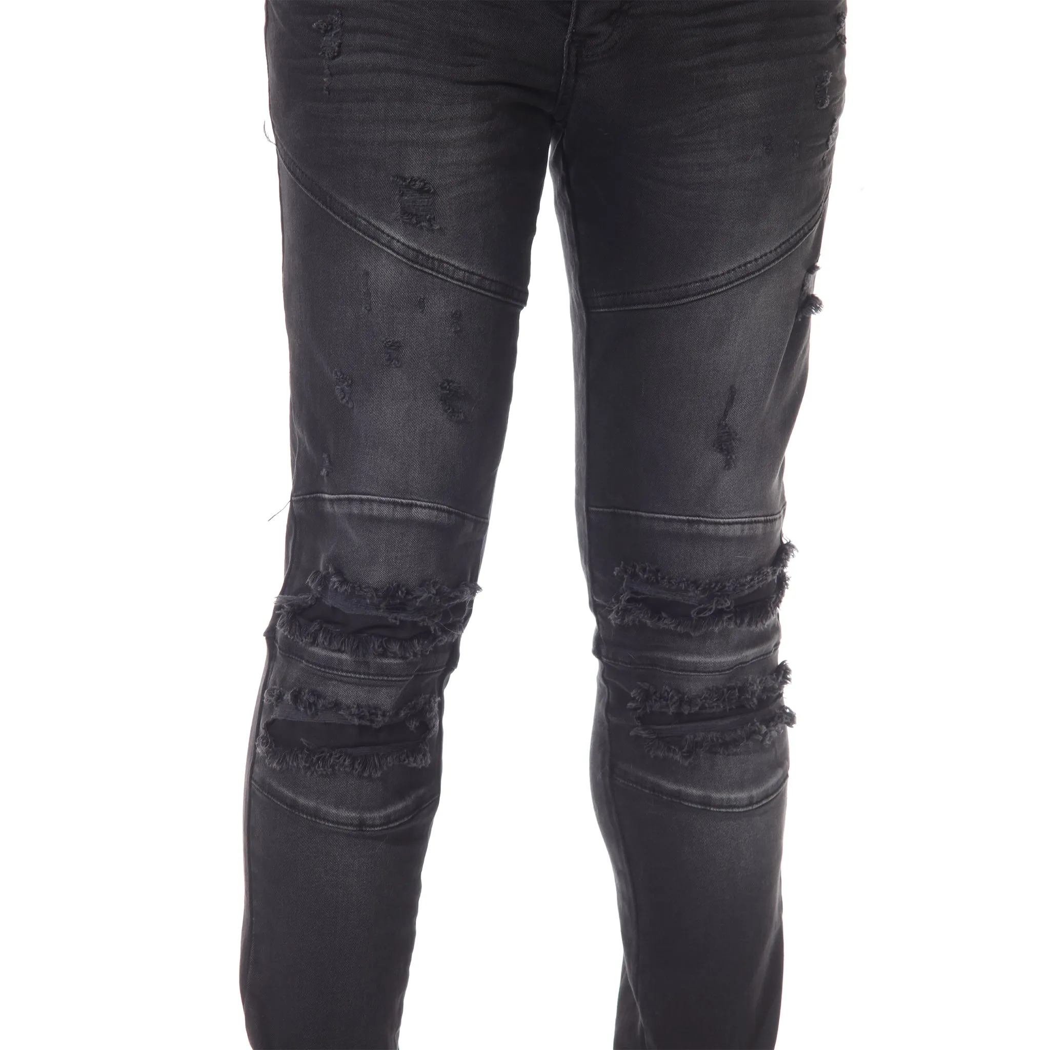 Moto Fashion Black Washed Fashion Jeans With Distress and Cut on Knees