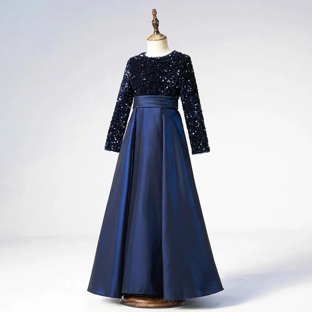 Navy Blue Long Sleeves Sequin Elegant Girl Party Dress
