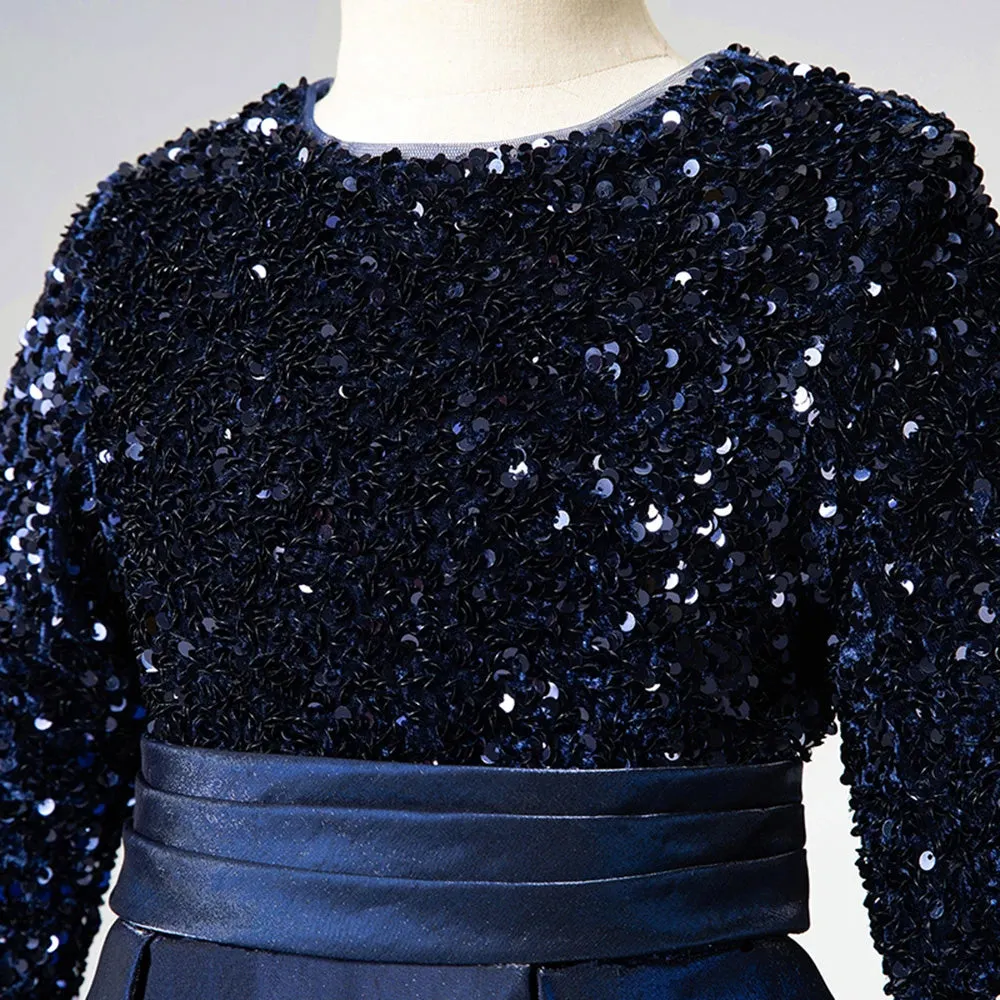Navy Blue Long Sleeves Sequin Elegant Girl Party Dress