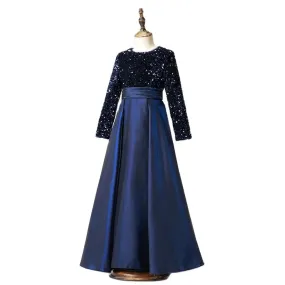 Navy Blue Long Sleeves Sequin Elegant Girl Party Dress