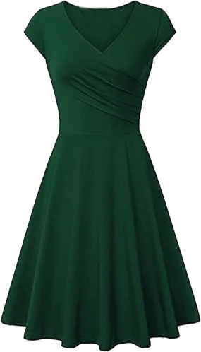 OMZIN Women's Elegant V-Neck Dress Short Sleeve Solid Color Runway Evening Dress