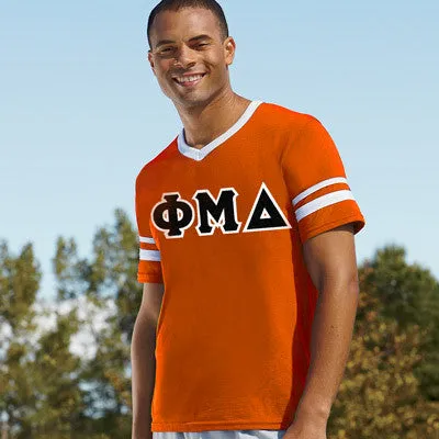 Phi Mu Delta V-Neck Jersey with Striped Sleeves - 360 - TWILL