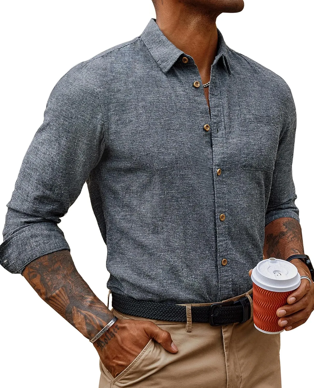 PJ PAUL JONES Men's Linen Shirts Casual Button Down Long Sleeve Shirt Lightweight Beach Shirt with Pocket