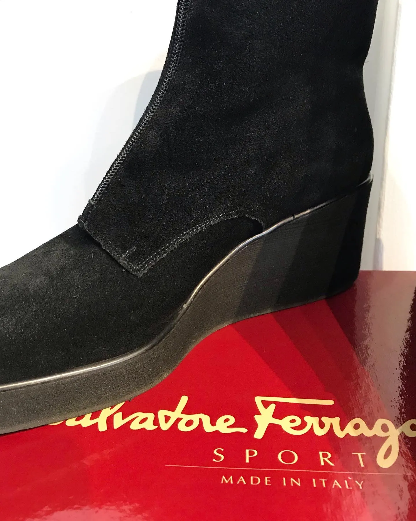 SALVATORE FERRAGAMO Zipper-Up Suede Wedge Ankle Boots