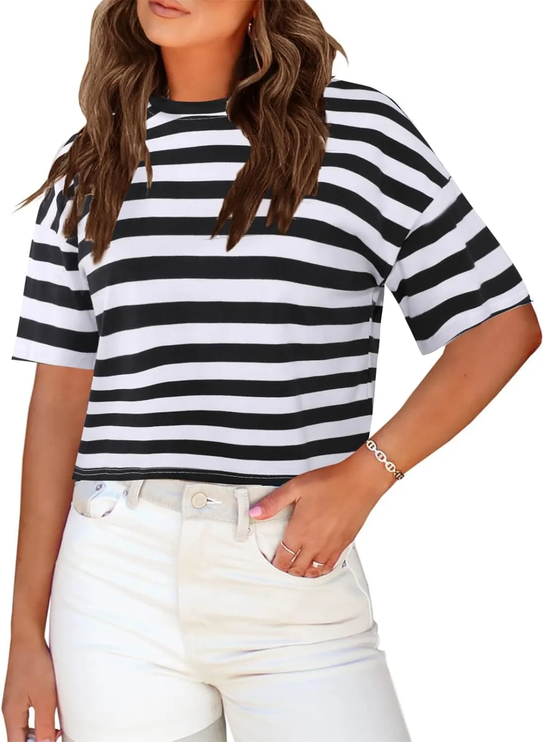 SOFIA'S CHOICE Women's Striped Crop Top Loose Fit Summer Casual Short Sleeve T Shirt
