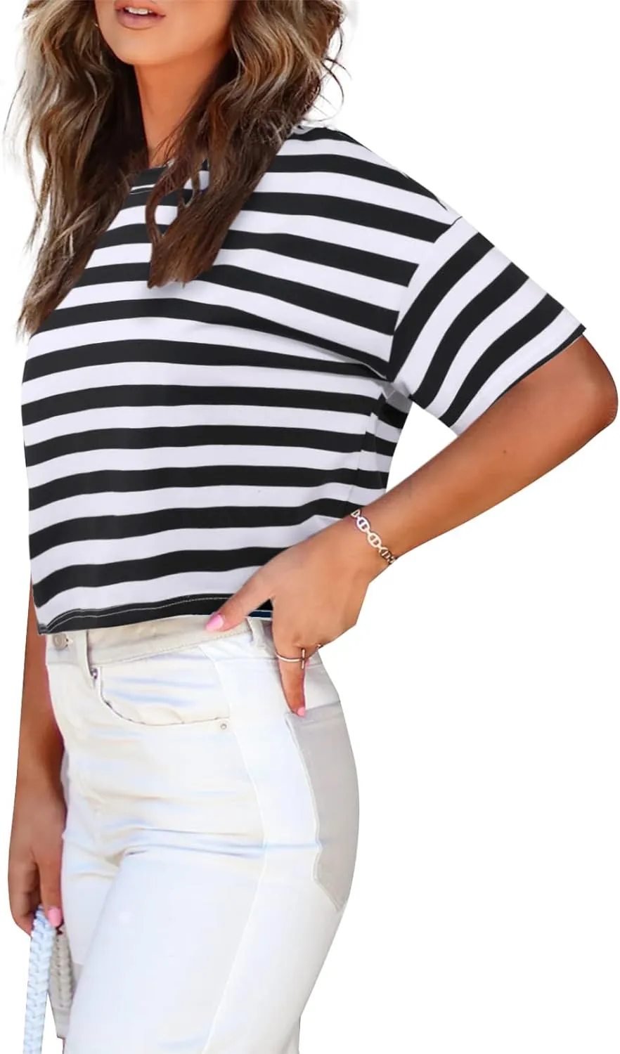 SOFIA'S CHOICE Women's Striped Crop Top Loose Fit Summer Casual Short Sleeve T Shirt