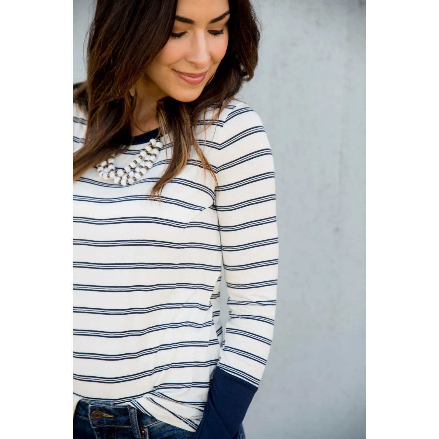 Solid Trimmed Dual Striped Long Sleeve Tee