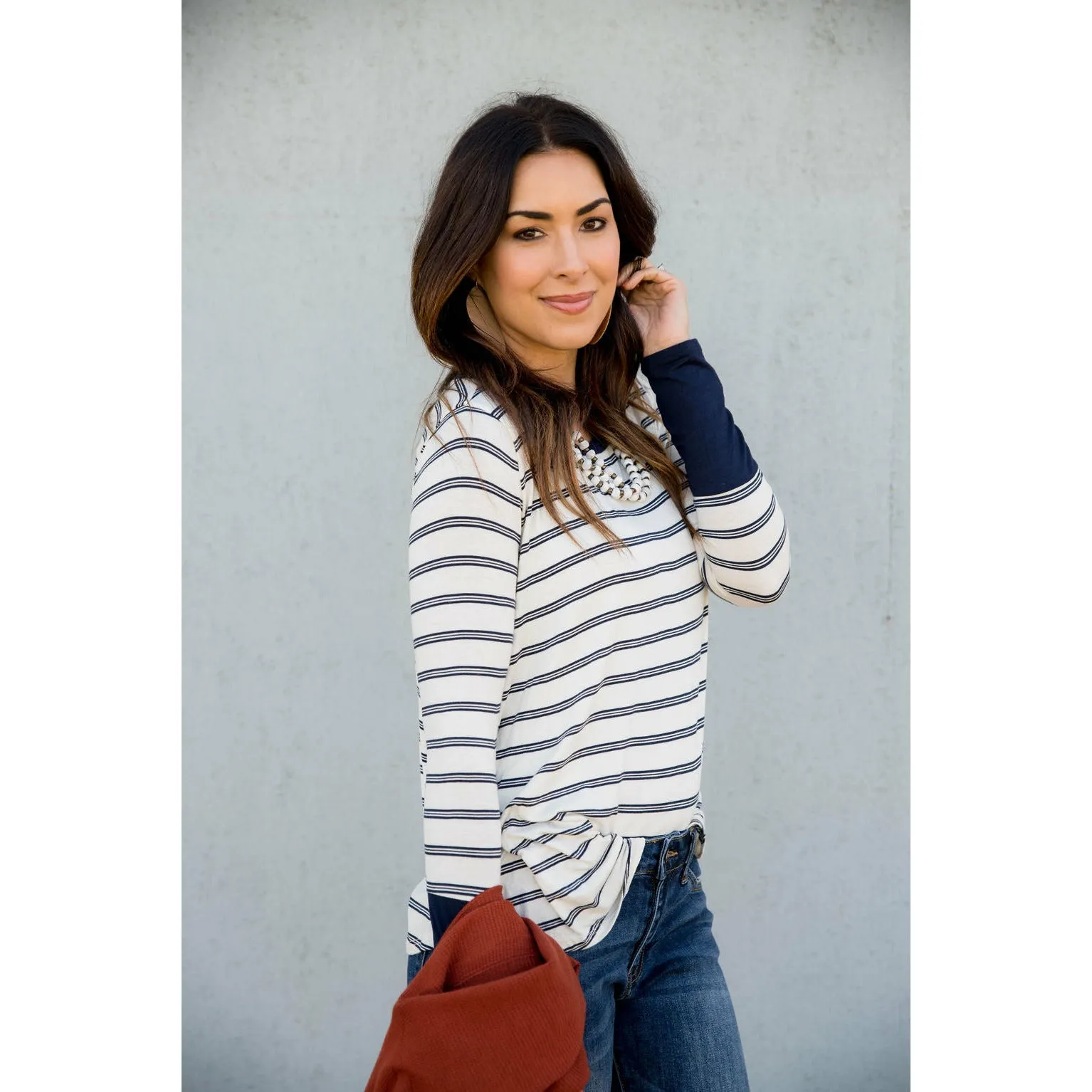 Solid Trimmed Dual Striped Long Sleeve Tee
