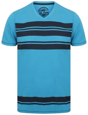 Sungai V Neck Striped Cotton T-Shirt In Swedish Blue - South Shore