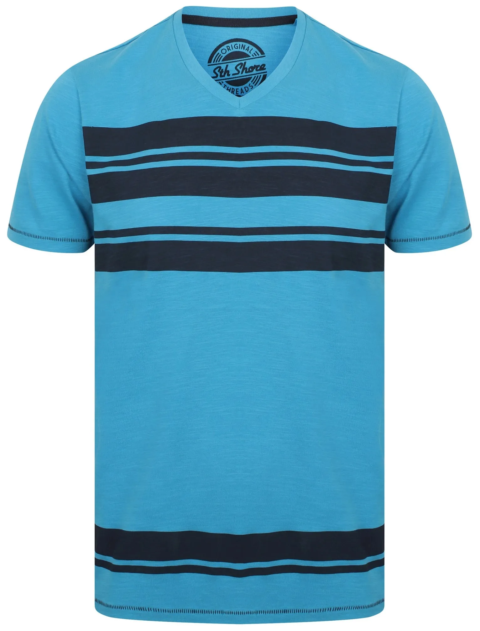 Sungai V Neck Striped Cotton T-Shirt In Swedish Blue - South Shore