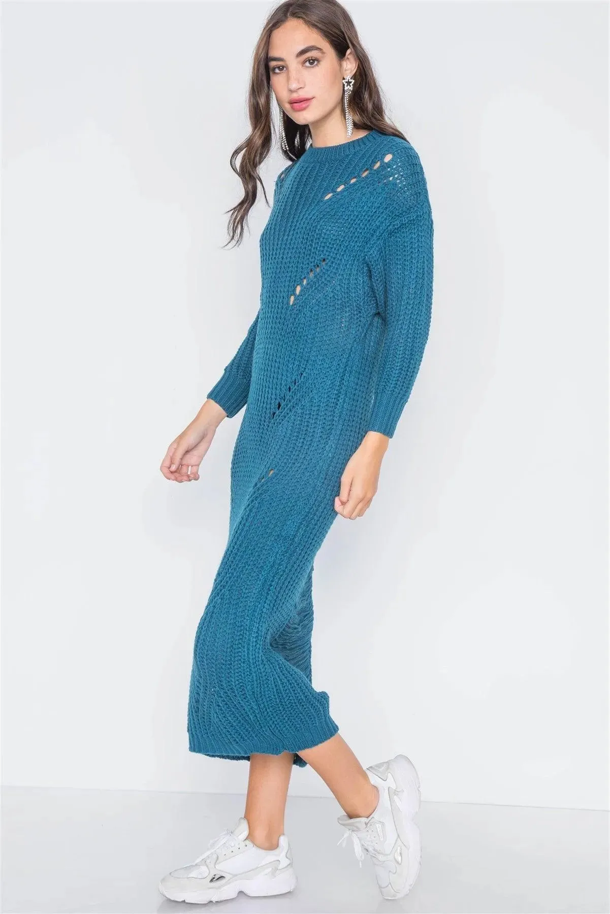 Teal Chunky Knit Long Sleeve Sweater Dress
