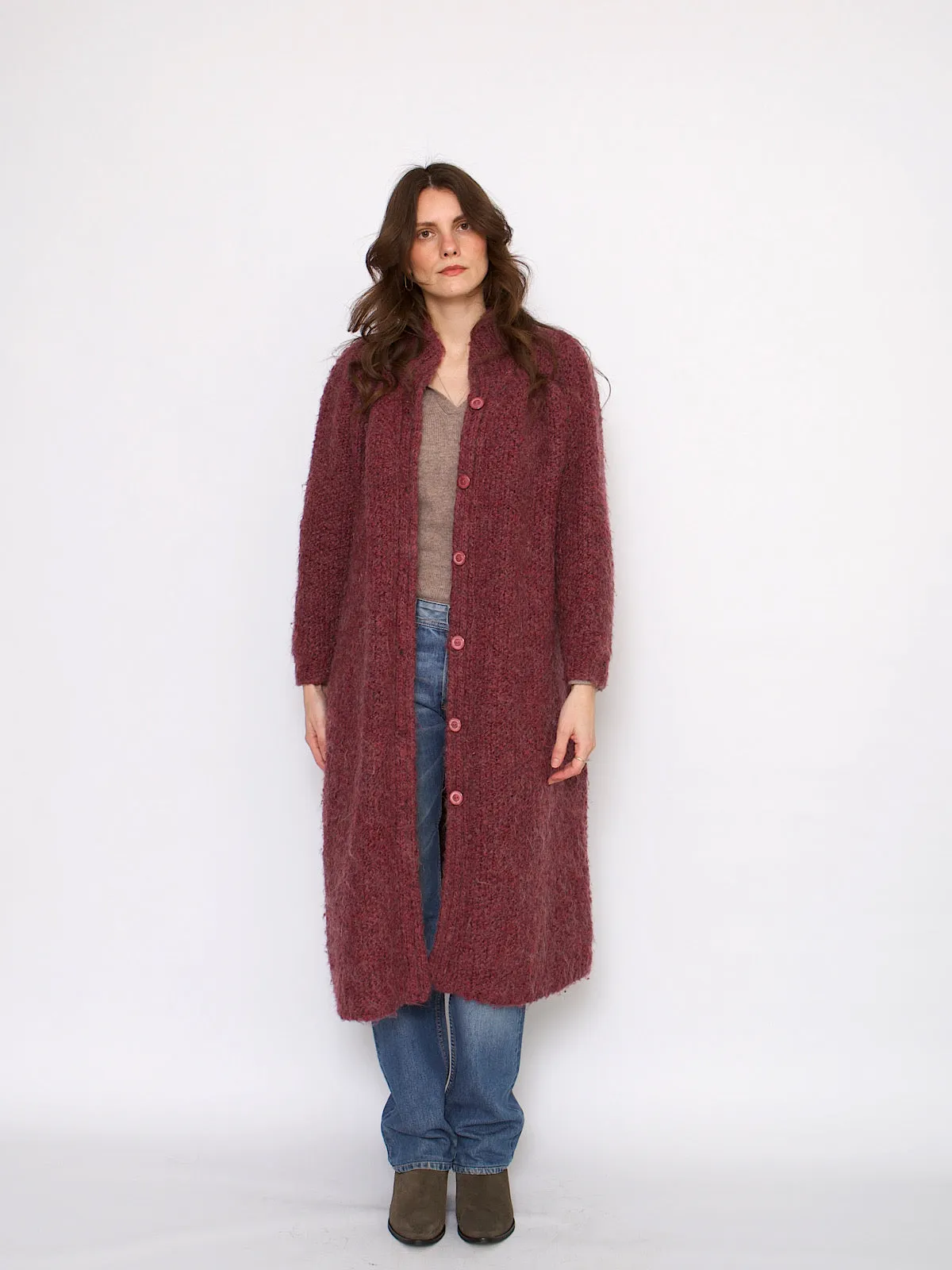 Vintage wool mohair long cardigan raspberry colour