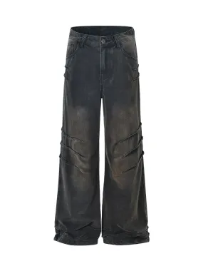 Washed Pleated Straight Jeans