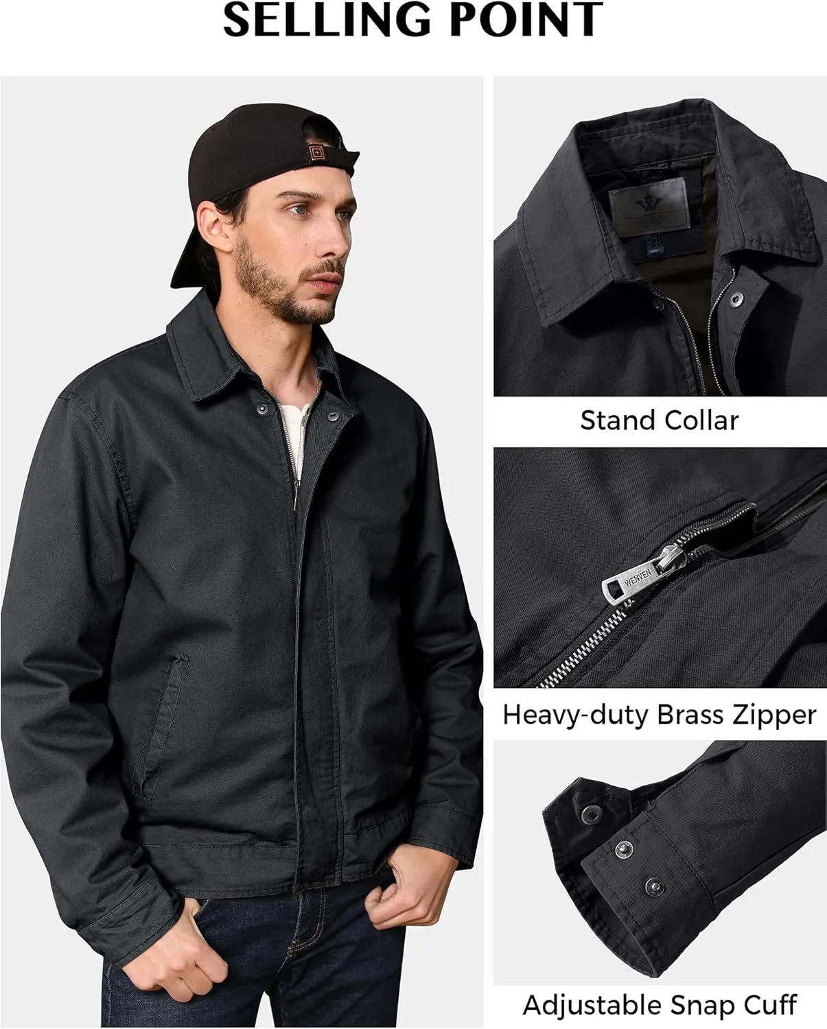 WenVen Men's Lightweight Military Cotton Jacket Casual Spring Lapel Work Coat