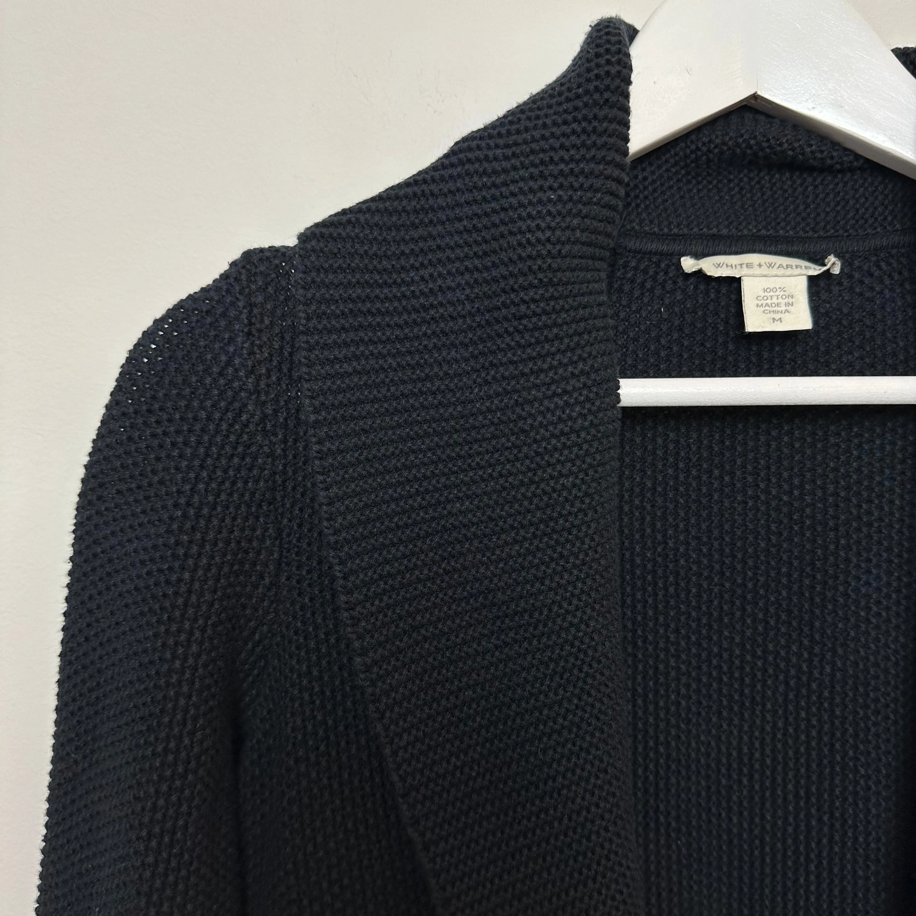 White   Warren Cotton Black Cardigan Tie Front Chunky Knit Medium