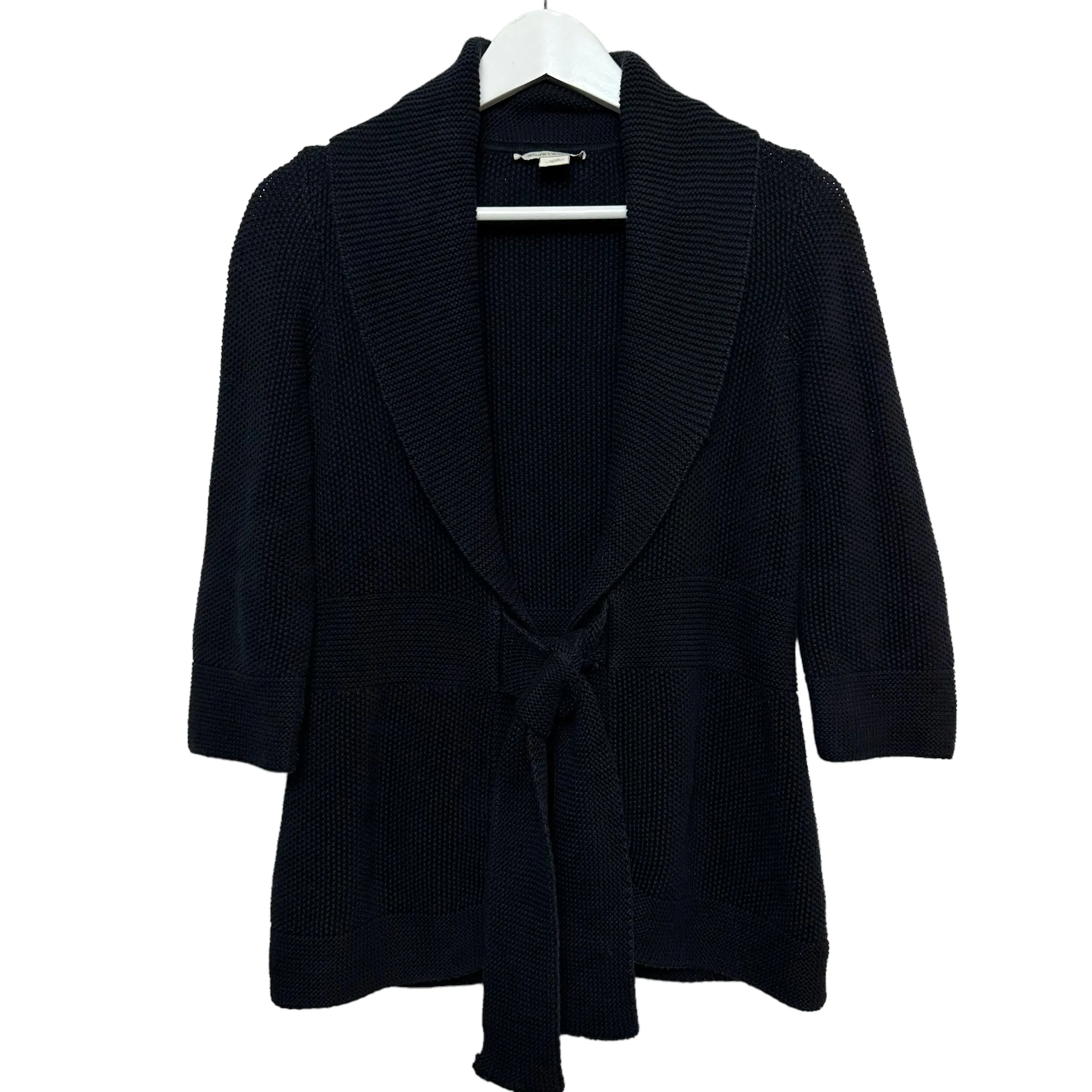 White   Warren Cotton Black Cardigan Tie Front Chunky Knit Medium