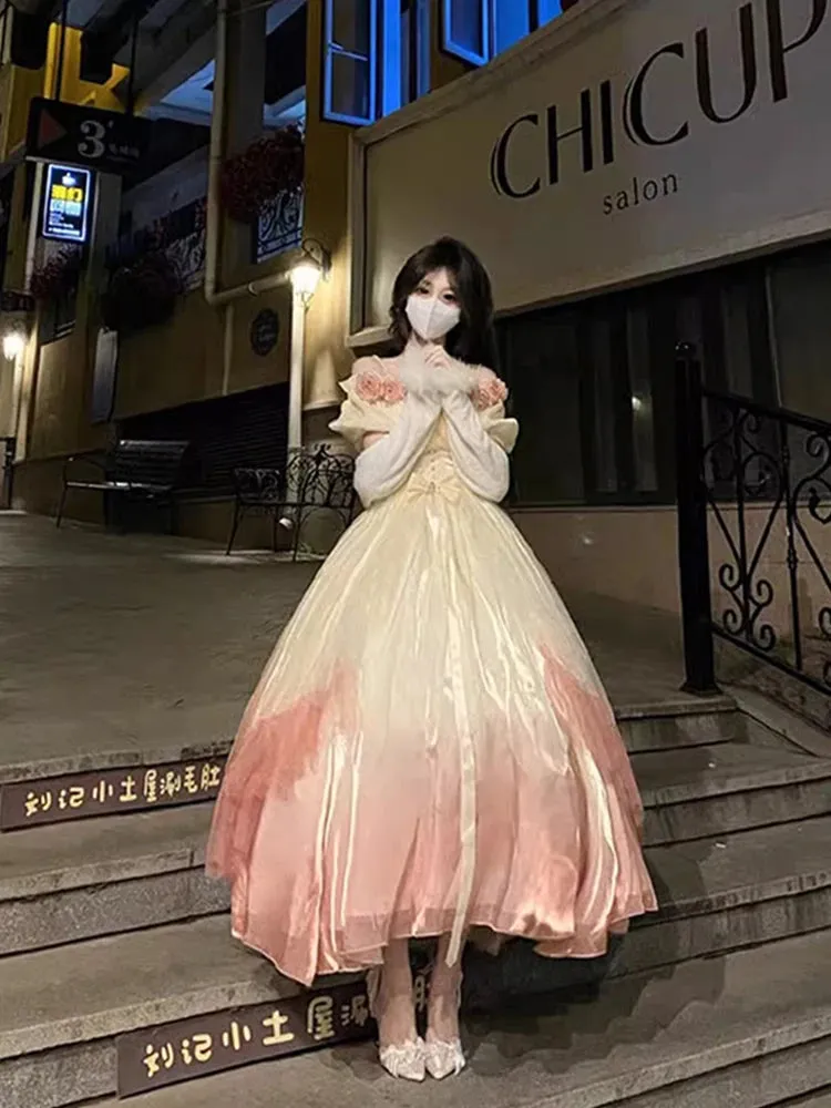 Wjczt Elegant Gradient Rose Dress Lolita Mesh
