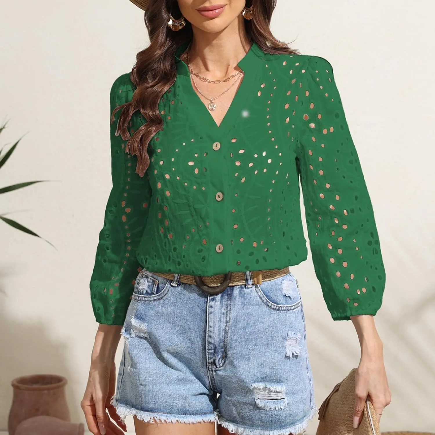 Women Button Down Shirts Summer Long Sleeve Hollow Out Lace Embroidered Blouse Casual Eyelet V Neck Cotton Linen Shirt Tops