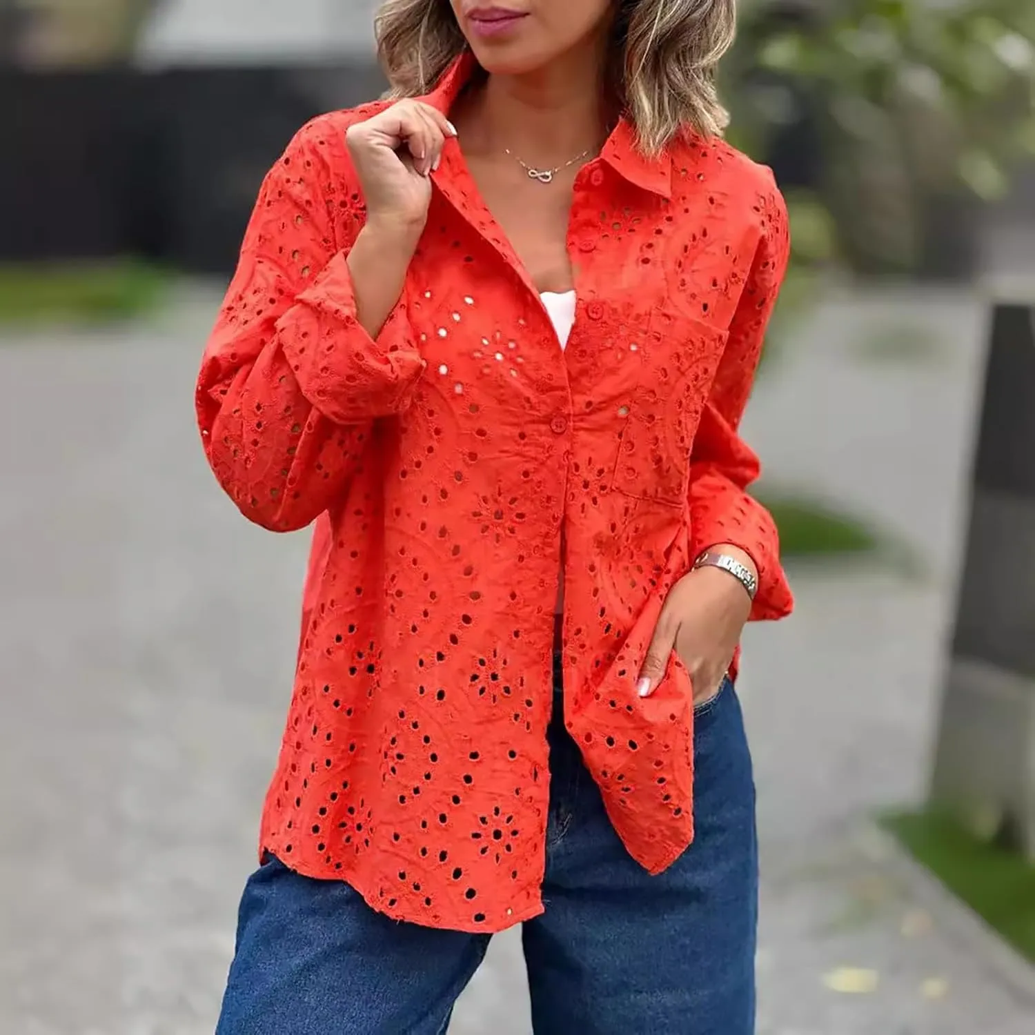 Women Button Down Shirts Summer Long Sleeve Hollow Out Lace Embroidered Blouse Casual Eyelet V Neck Cotton Linen Shirt Tops