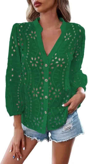 Women Button Down Shirts Summer Long Sleeve Hollow Out Lace Embroidered Blouse Casual Eyelet V Neck Cotton Linen Shirt Tops