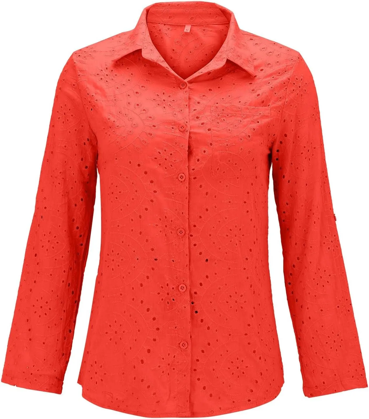 Women Button Down Shirts Summer Long Sleeve Hollow Out Lace Embroidered Blouse Casual Eyelet V Neck Cotton Linen Shirt Tops